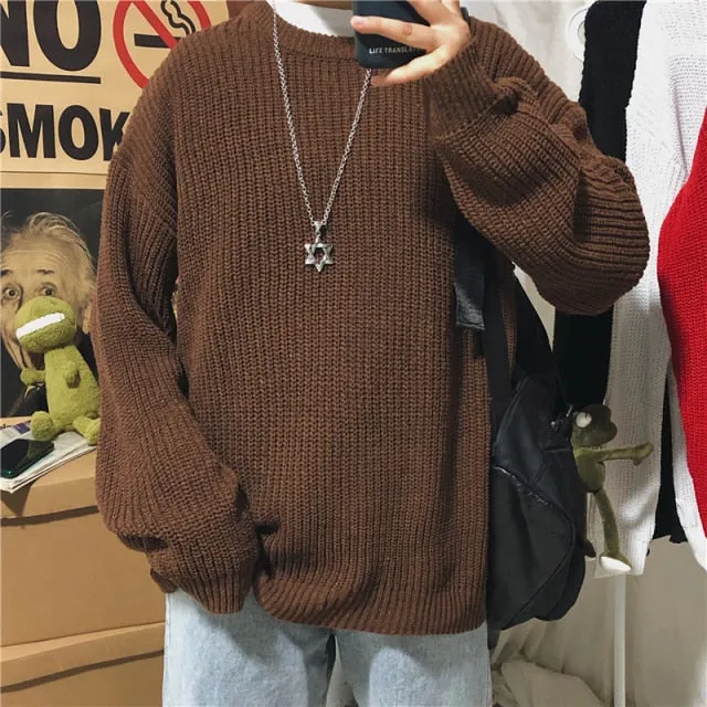 Aidase Multicolor Casual Sweater Men Korean Fashion Loose Harajuku Streetwear Solid Color Pullover Men Retro Long Sleeve Sweater Men