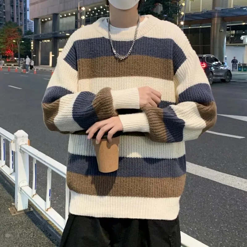 Aidase Sweater Men Clothes Autumn Winter Unisex Couple Basic Korean Style Striped Simple Loose Casual O-neck Fashion Harajuku Friends