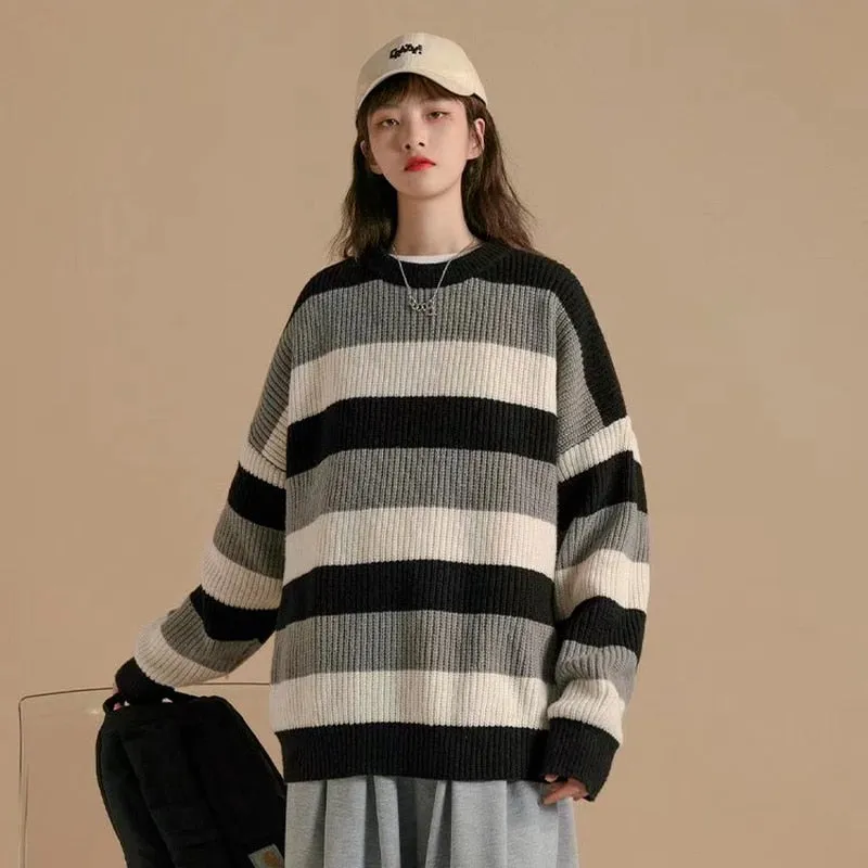 Aidase Sweater Men Clothes Autumn Winter Unisex Couple Basic Korean Style Striped Simple Loose Casual O-neck Fashion Harajuku Friends