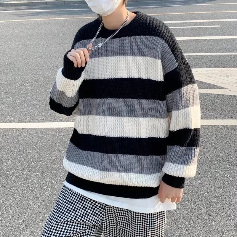 Aidase Sweater Men Clothes Autumn Winter Unisex Couple Basic Korean Style Striped Simple Loose Casual O-neck Fashion Harajuku Friends