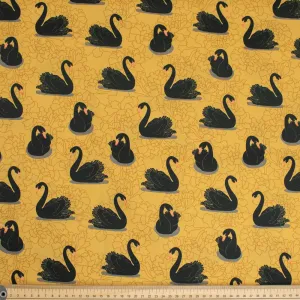 Australiana/Aboriginal Inspired Cotton Prints Design - Black Swan on Mustard