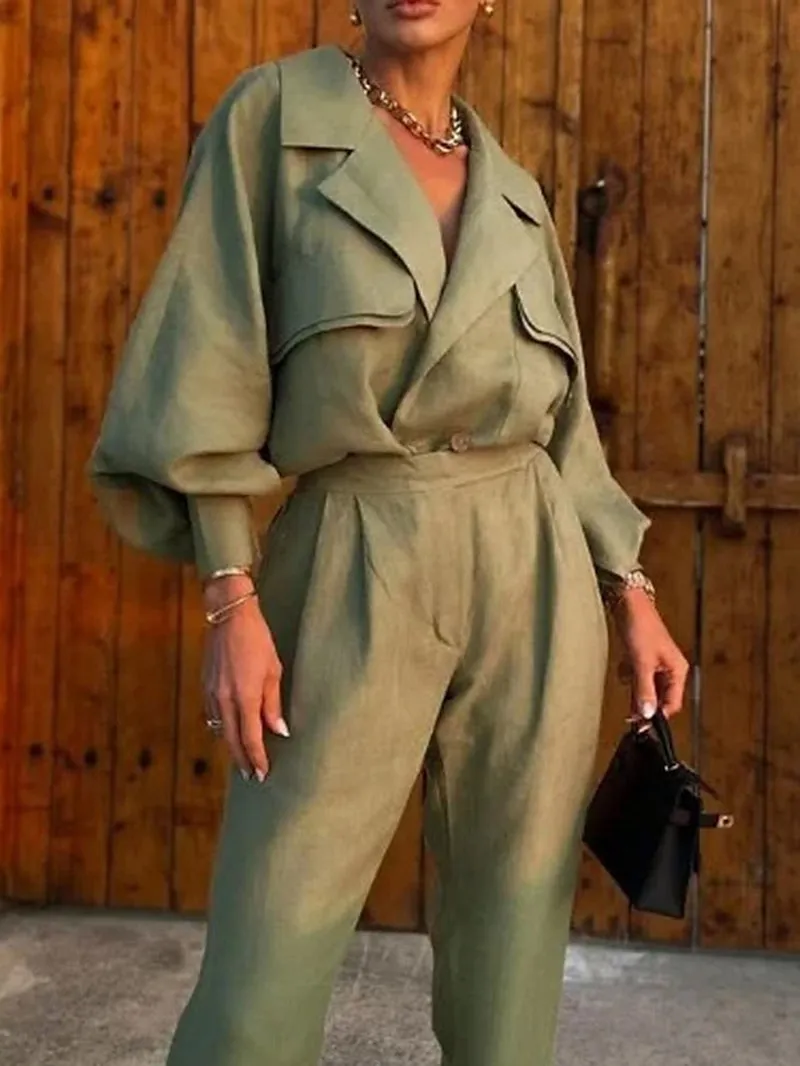 Chic Green Long Sleeve Shirt & Wide Leg Pants Set for Effortless Office Style