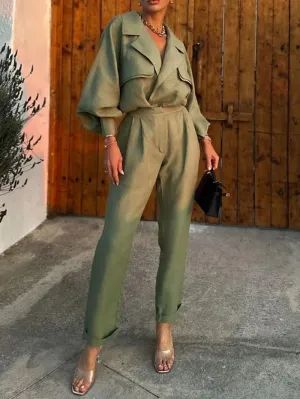 Chic Green Long Sleeve Shirt & Wide Leg Pants Set for Effortless Office Style