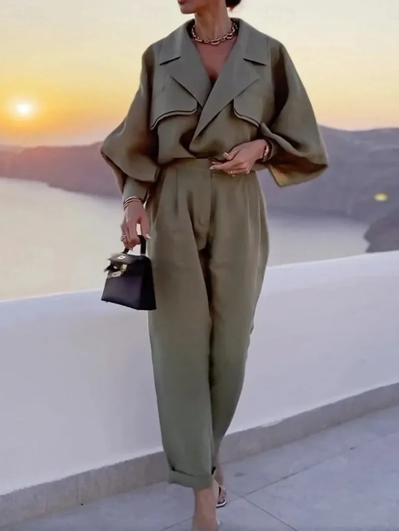 Chic Green Long Sleeve Shirt & Wide Leg Pants Set for Effortless Office Style