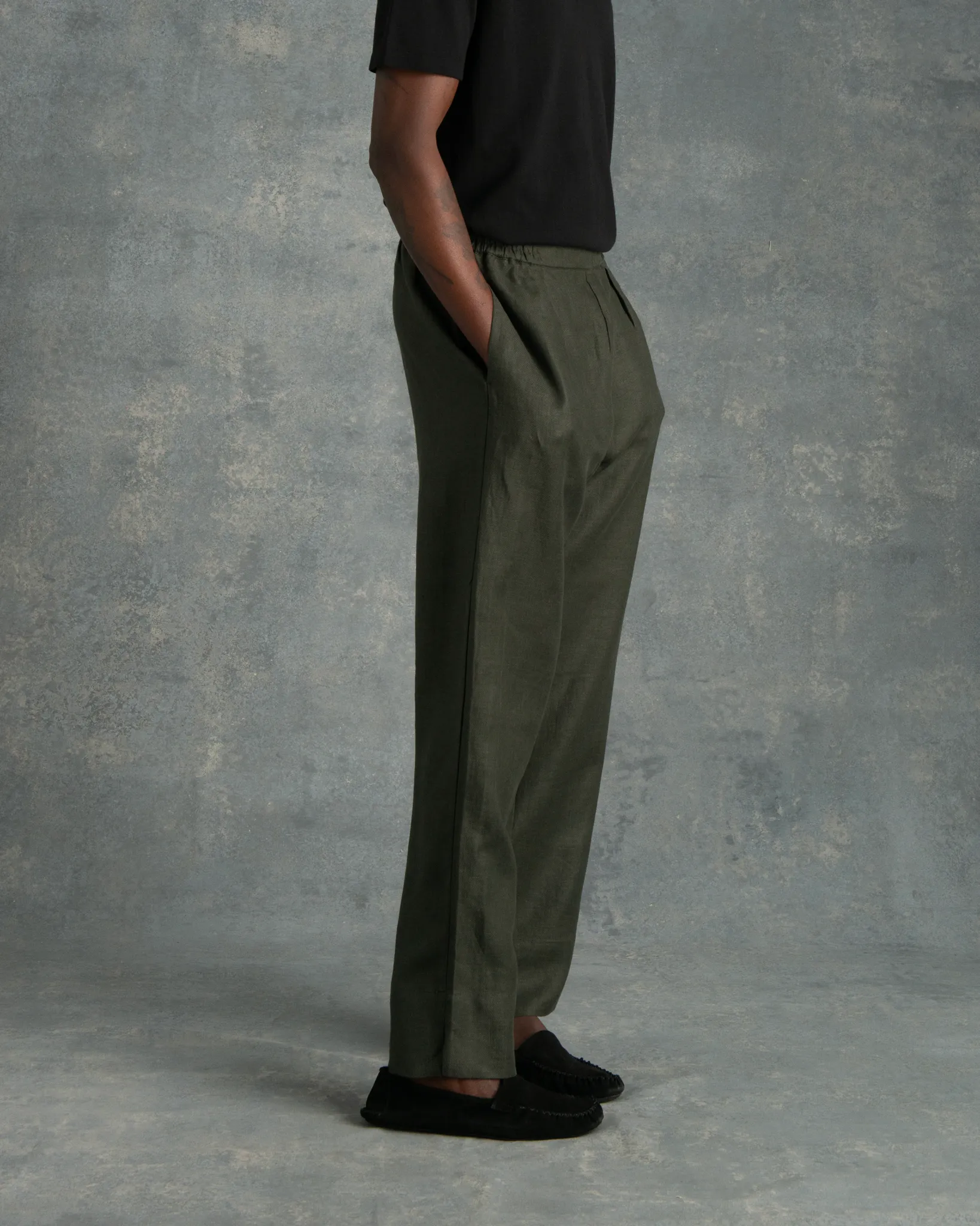 Dark Green Twill Linen Resort Pants