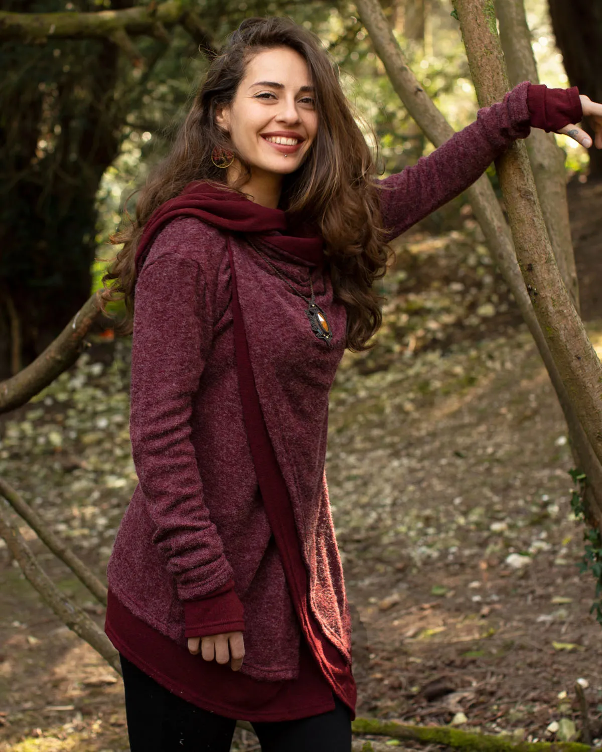 Enchanting Hooded Wrap Cardigan Wine