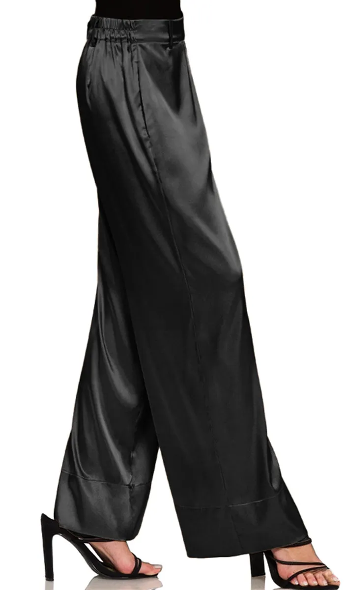 Eva Loose Stretch Wide Leg Silky Pants - Black