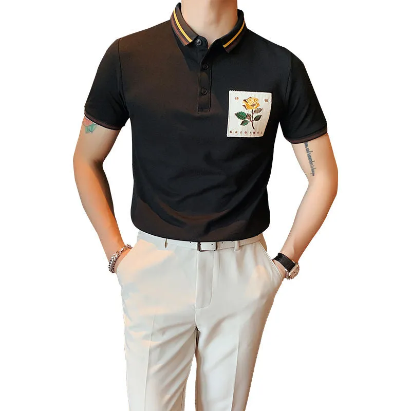 Flower Badge Decorated Solid Color Polo Shirt