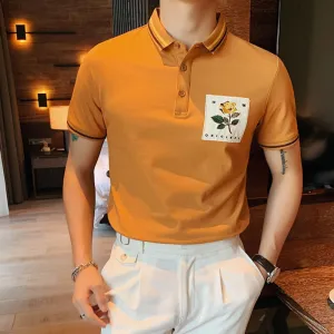 Flower Badge Decorated Solid Color Polo Shirt