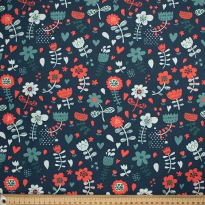 Flowers & Birds Cartoon Collection #11 Red Flower & Heart on Navy Cotton Prints