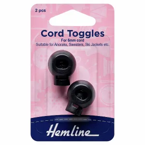 Hemline Black Single Hole Adjustable Cord Toggles - 6mm (Pack of 2)