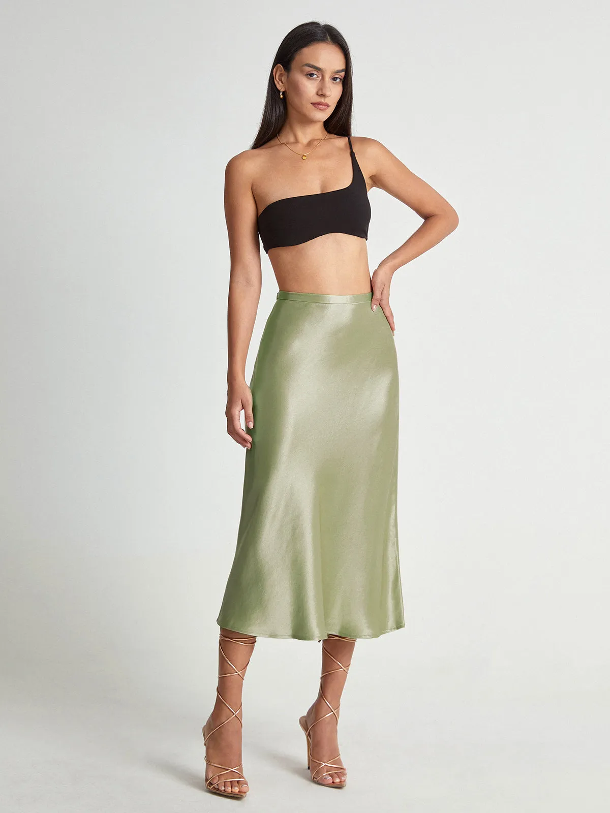 High Waisted Satin Trendy Flowy Midi Skirt