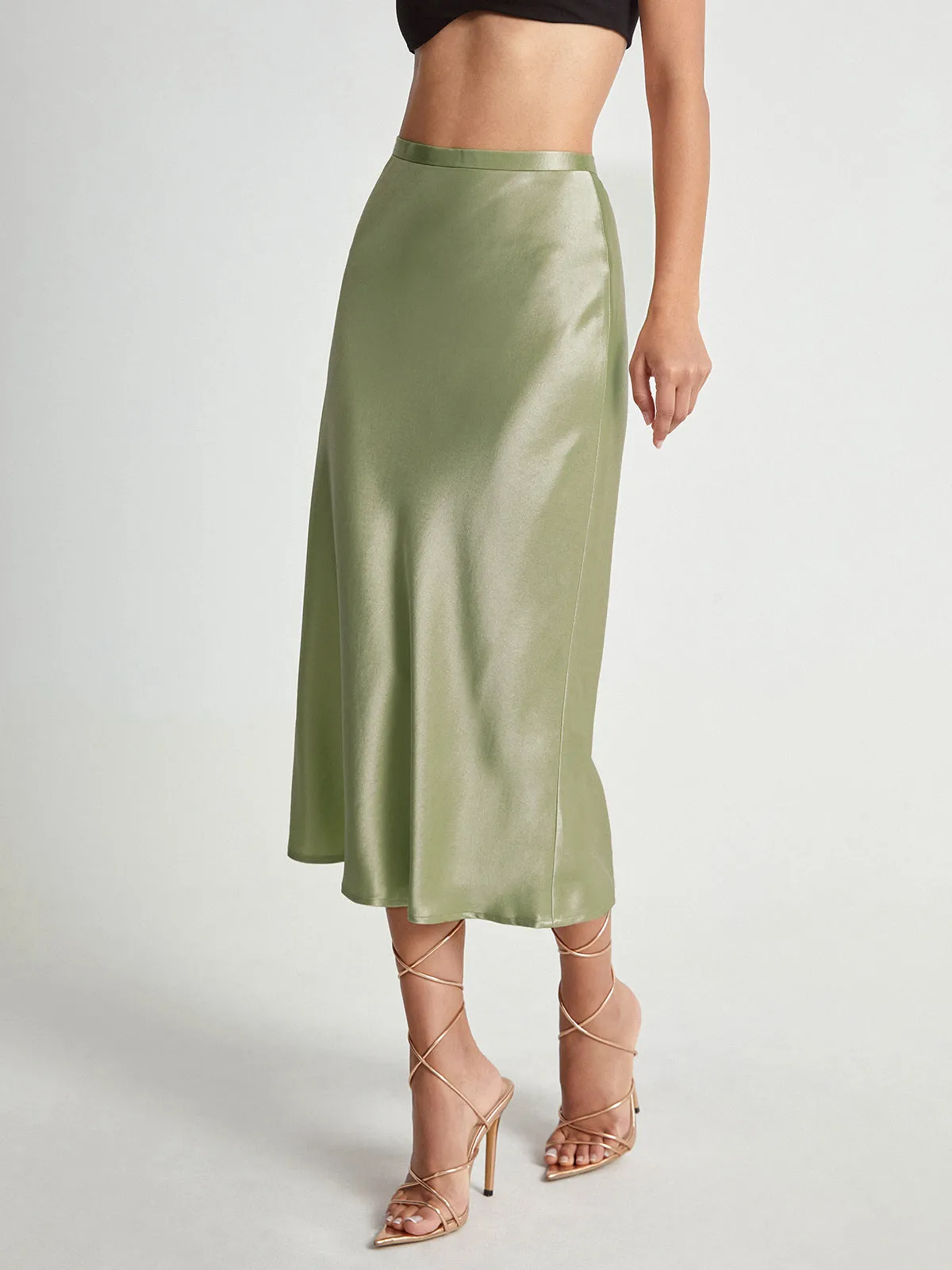 High Waisted Satin Trendy Flowy Midi Skirt