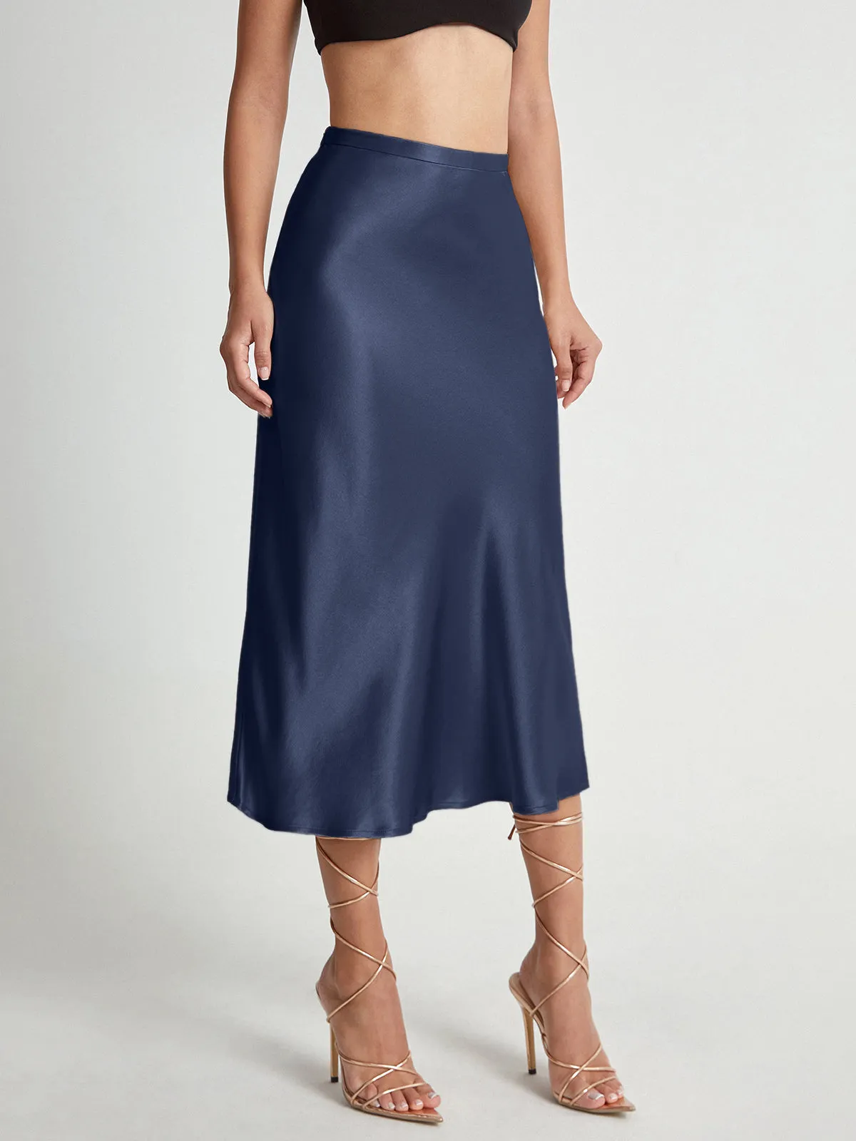 High Waisted Satin Trendy Flowy Midi Skirt