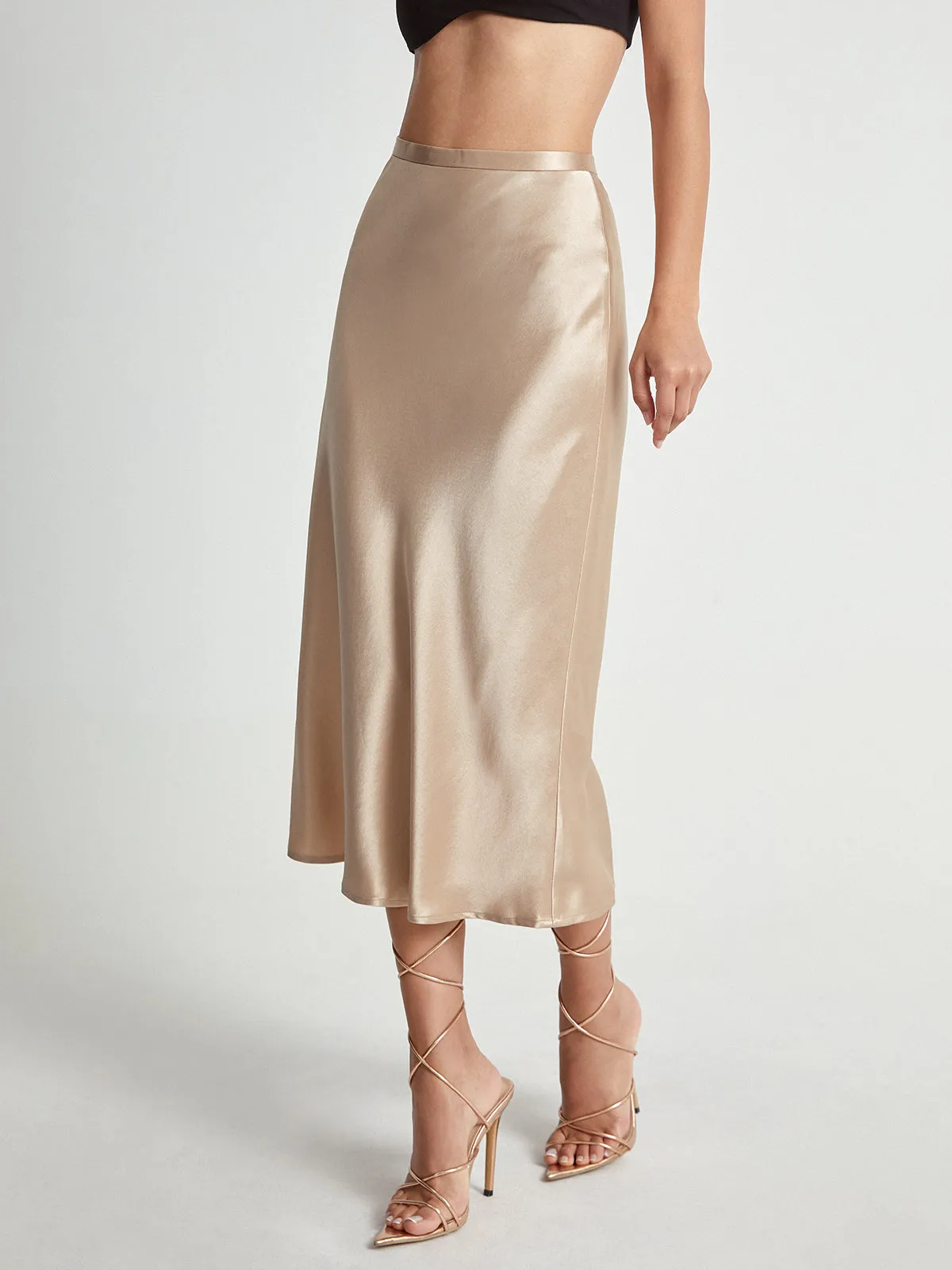 High Waisted Satin Trendy Flowy Midi Skirt