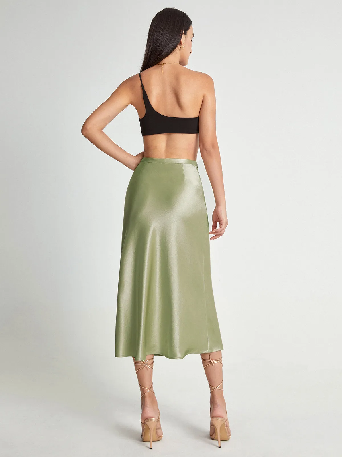 High Waisted Satin Trendy Flowy Midi Skirt