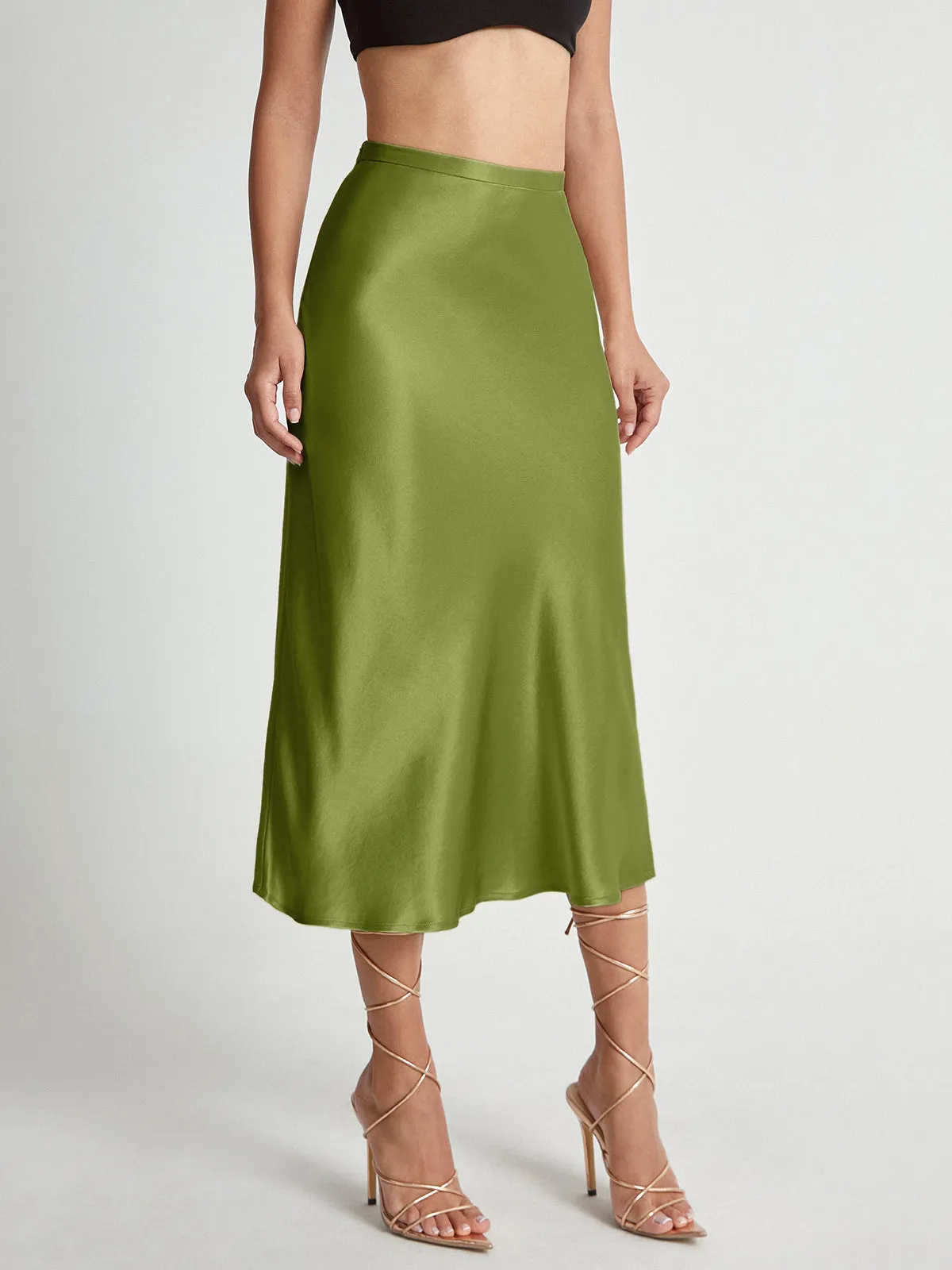 High Waisted Satin Trendy Flowy Midi Skirt