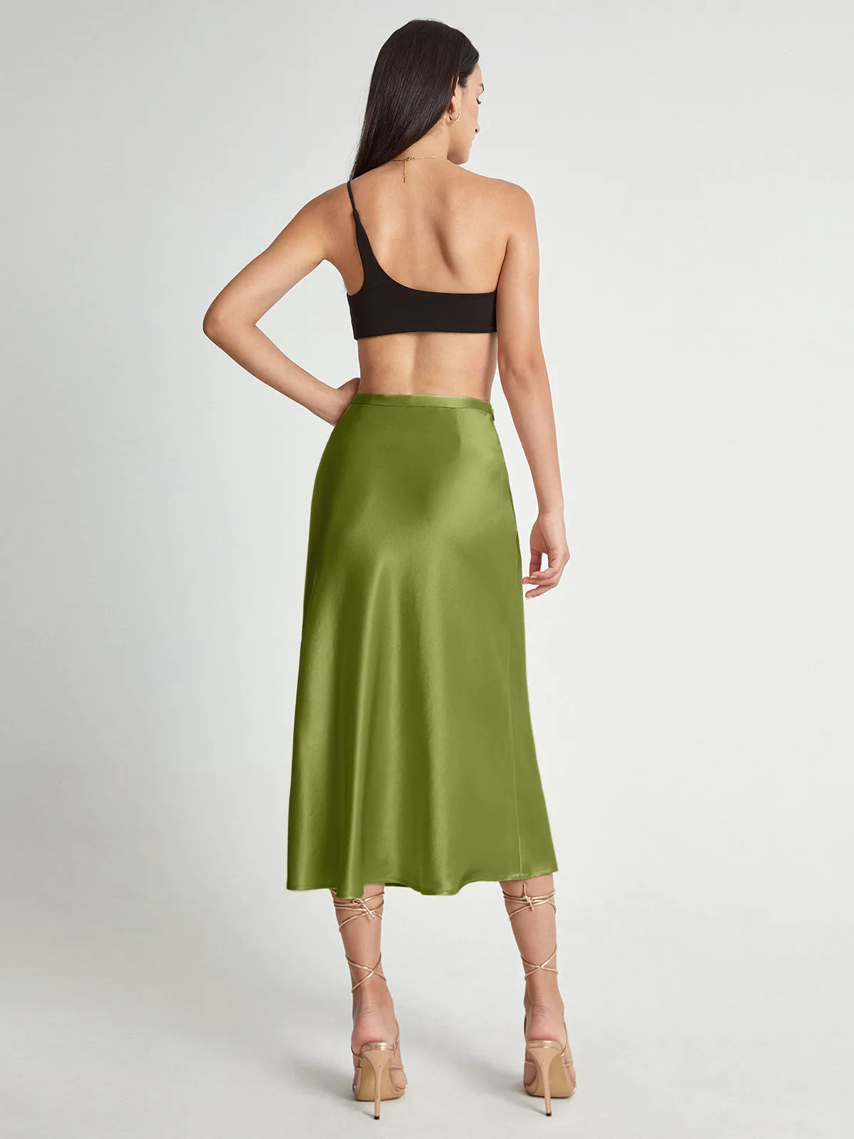 High Waisted Satin Trendy Flowy Midi Skirt