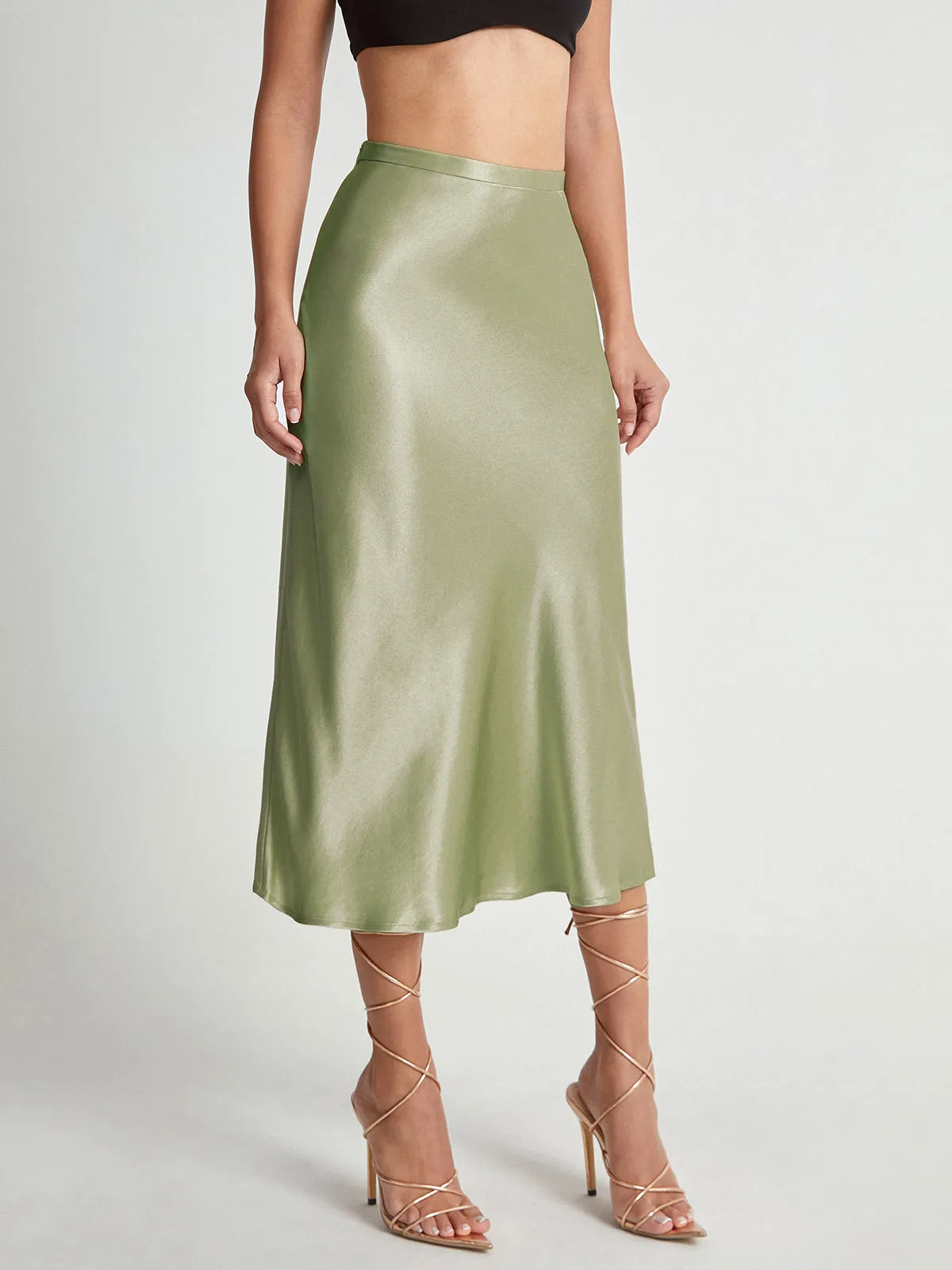 High Waisted Satin Trendy Flowy Midi Skirt