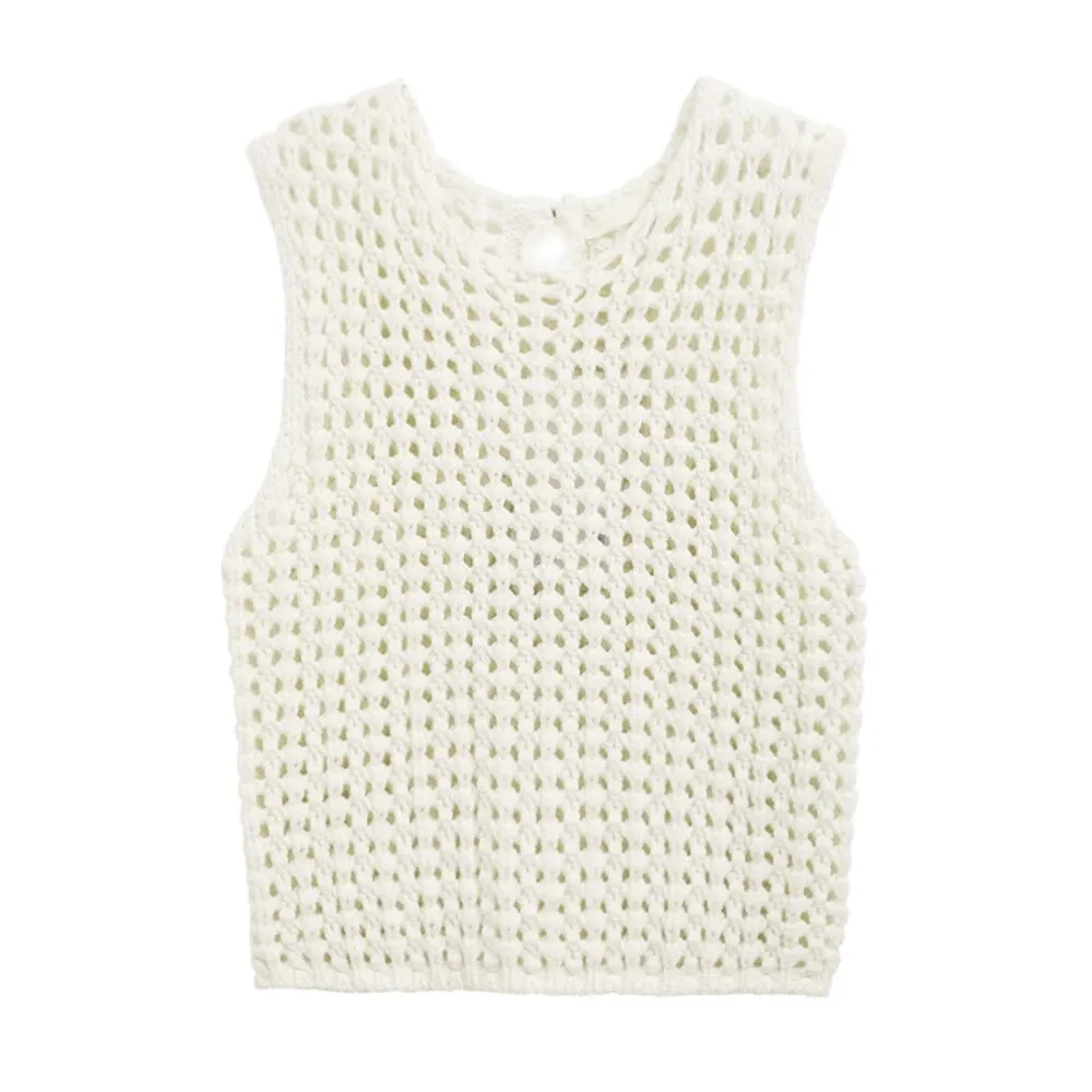 Hollow Out Knitting Pullover Sweaters For Women Round Neck Sleeveless Loose Casual Vests Female Fashion Clothing