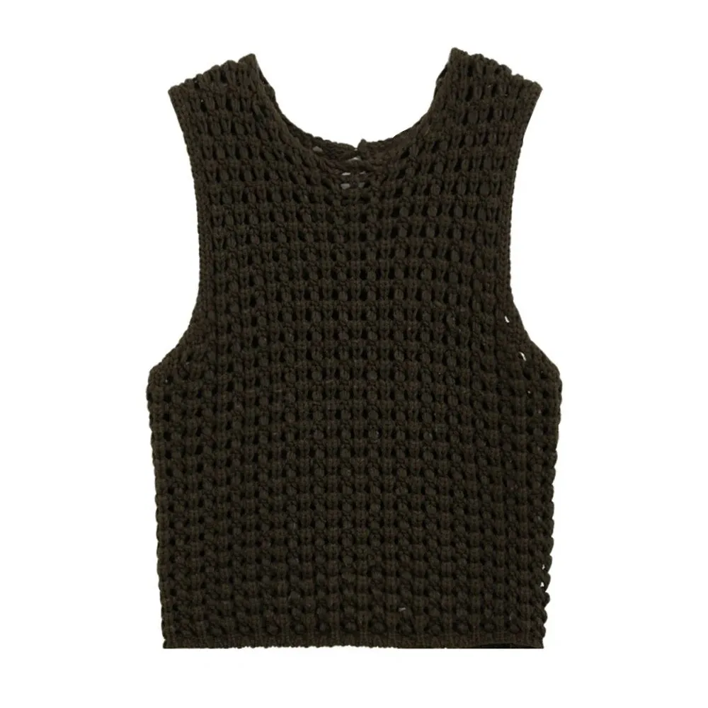 Hollow Out Knitting Pullover Sweaters For Women Round Neck Sleeveless Loose Casual Vests Female Fashion Clothing