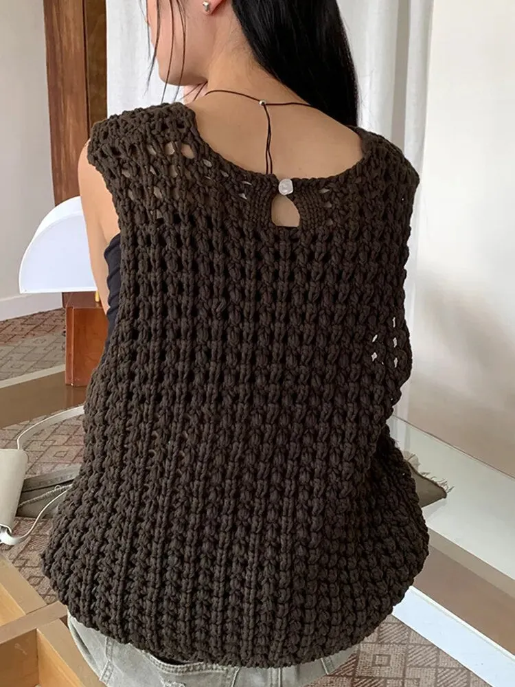 Hollow Out Knitting Pullover Sweaters For Women Round Neck Sleeveless Loose Casual Vests Female Fashion Clothing