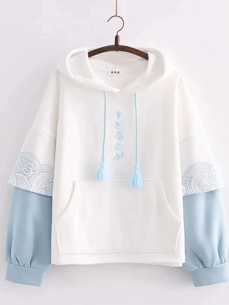 Japan Style Letter Embroidery Fleece Women Hoodies Patchwork Drawstring Hooded Sweatshirt Winter Female Pullover Tops