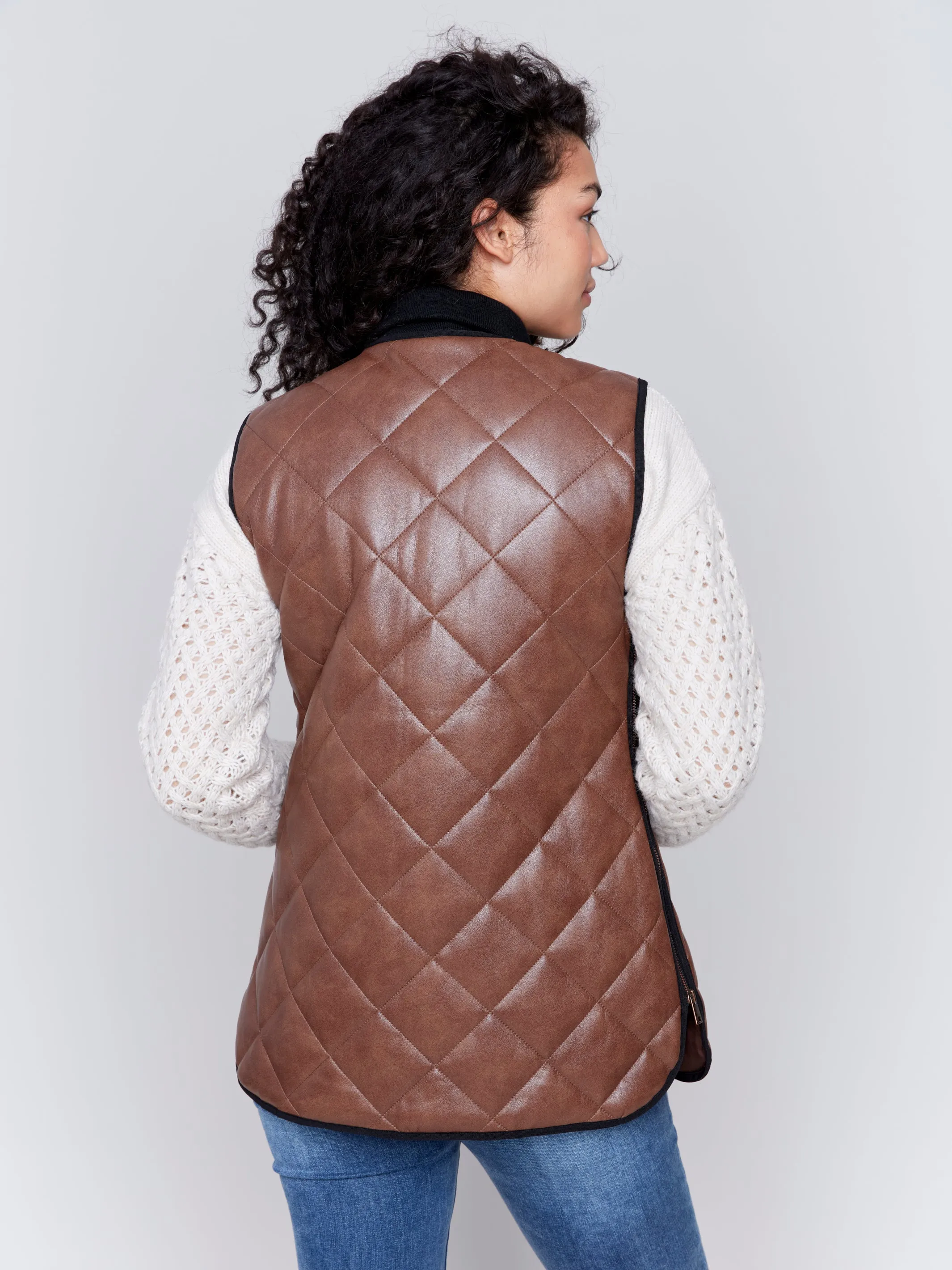 Long Quilted Faux Leather Vest