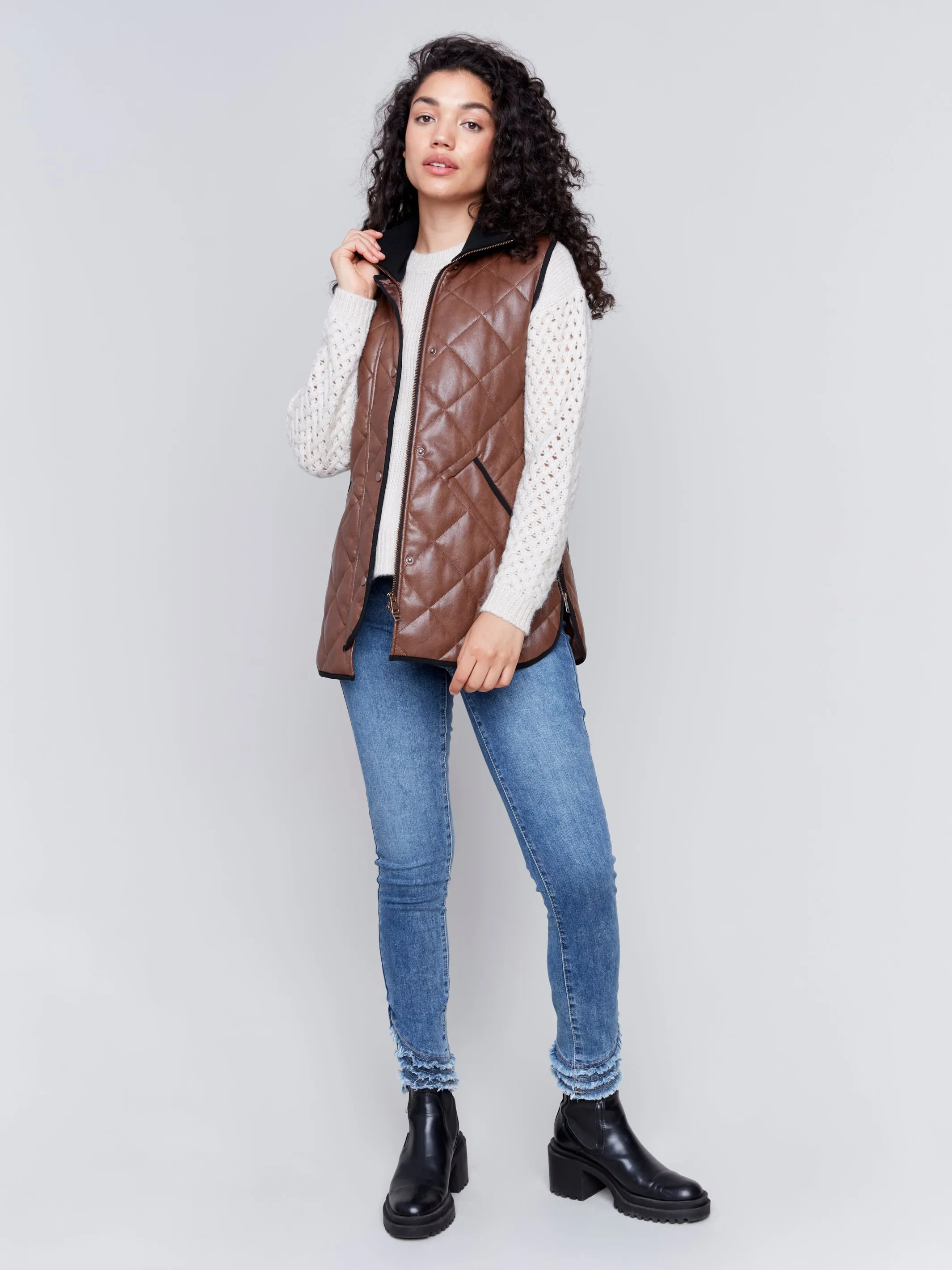 Long Quilted Faux Leather Vest