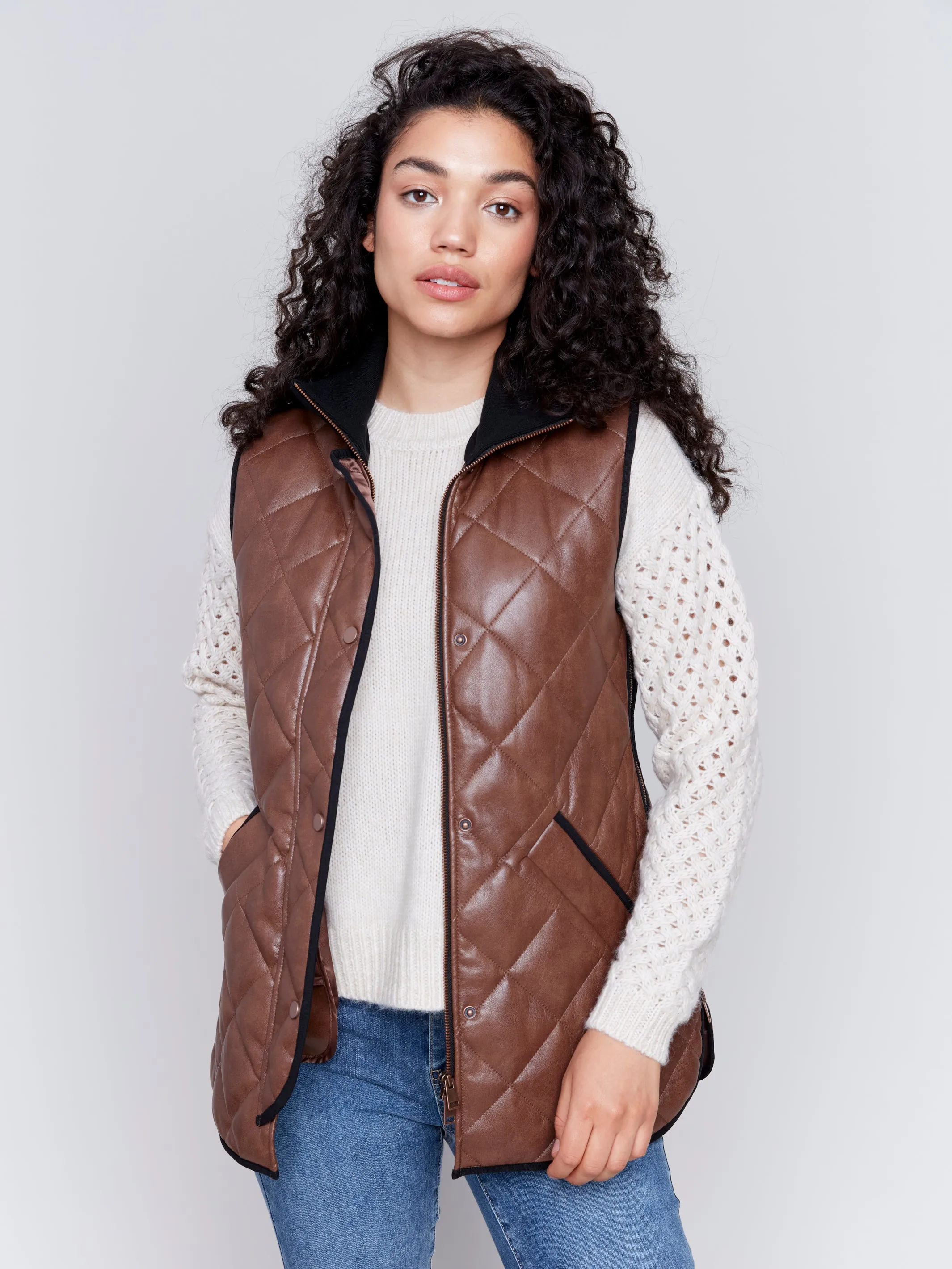 Long Quilted Faux Leather Vest