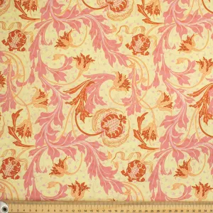 Maurice Style Collection #18 Pink Big Leaves Vines on Pale Yellow Cotton Prints