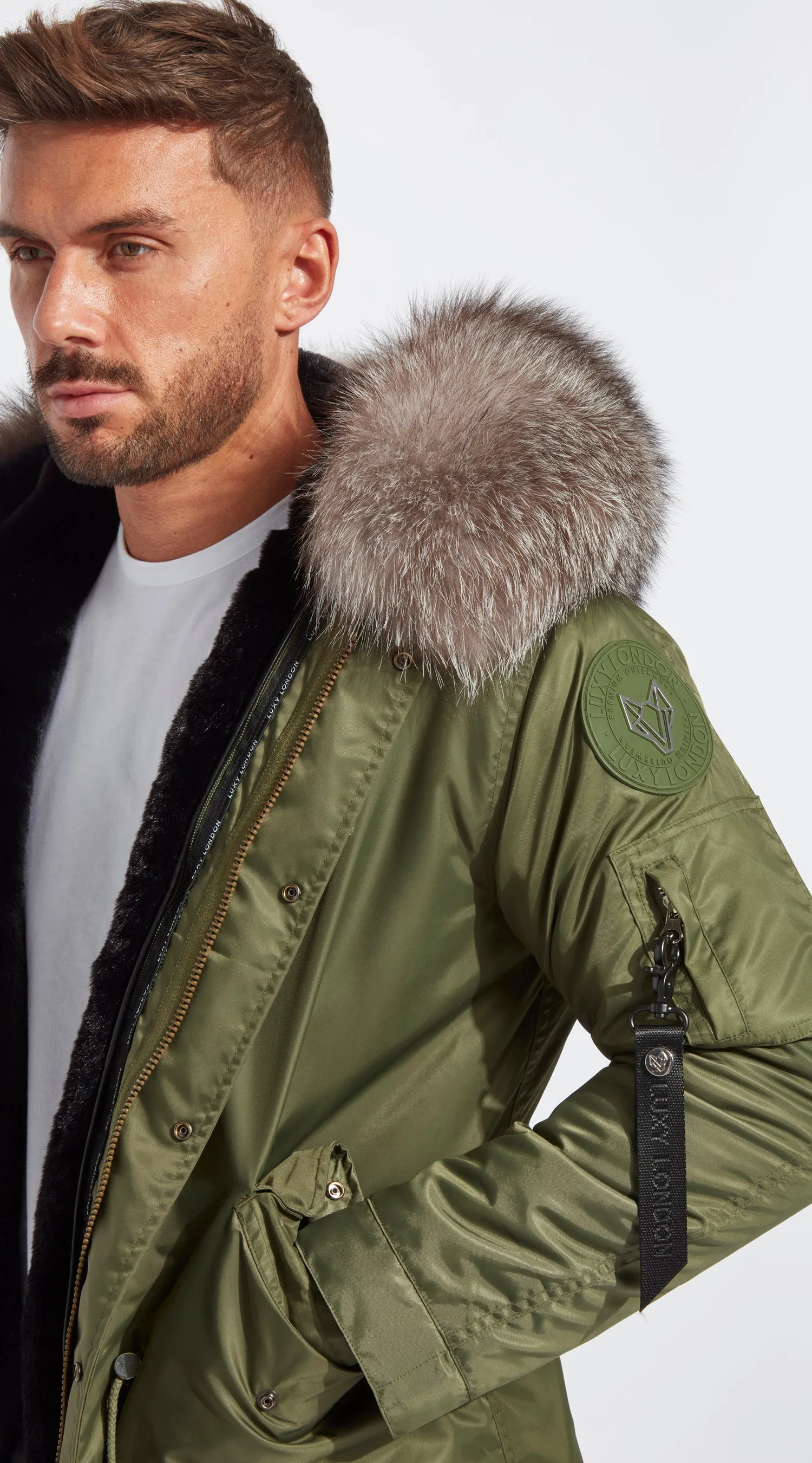 Mens Khaki Water-Repellent Luxy Fur Parka - Silver Frost Fox