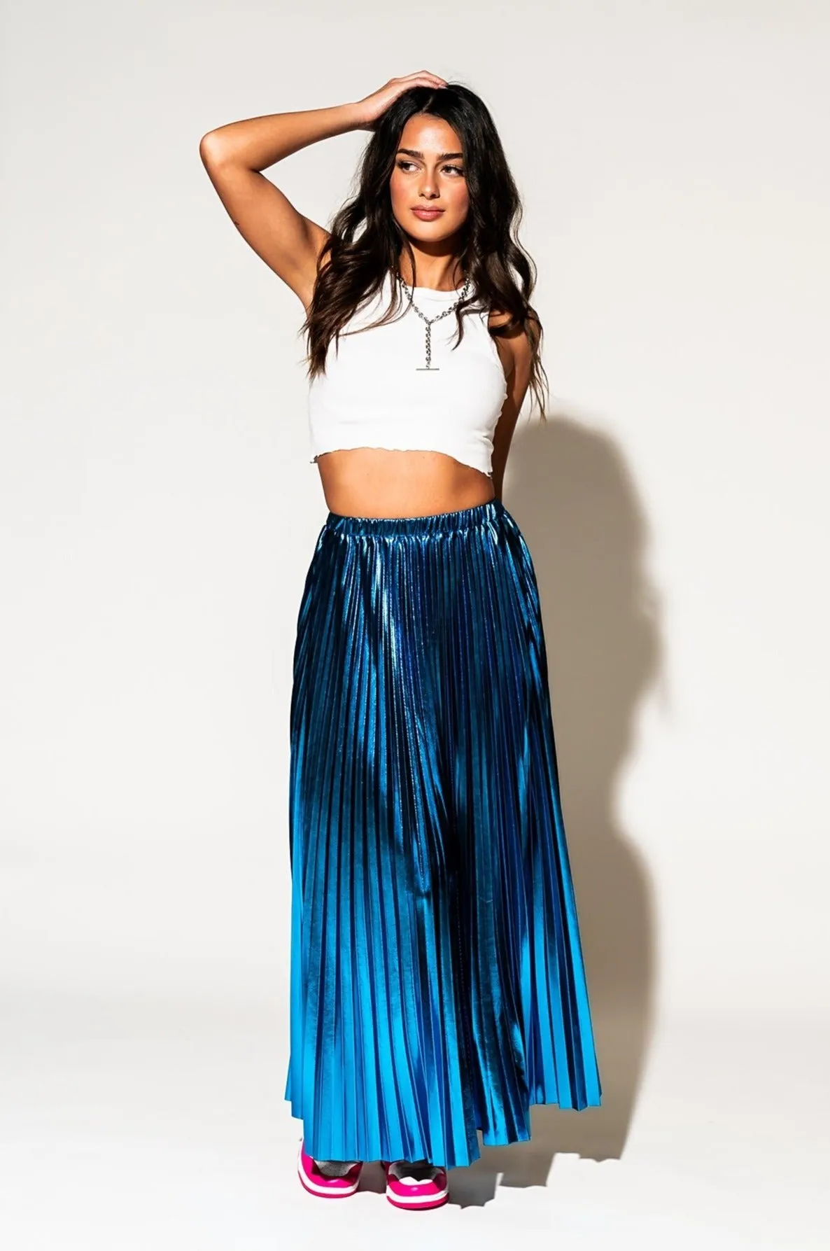 Metallic Pleated Midi Skirt in Blue Raspberry