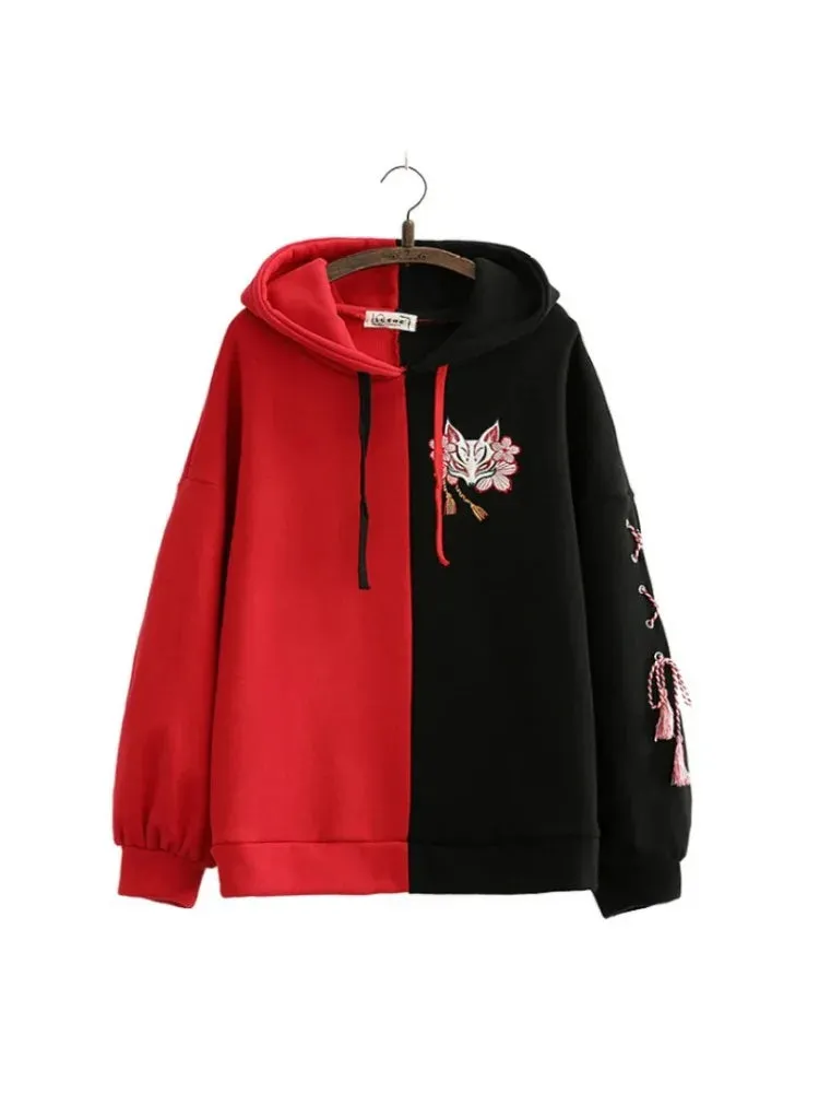 Metaversmall Harajuku Contrast Cartoon Embroidery Casual Fleece Pullover Hoodies Sweatshirt Women Winter Long Sleeve Korean Female Top