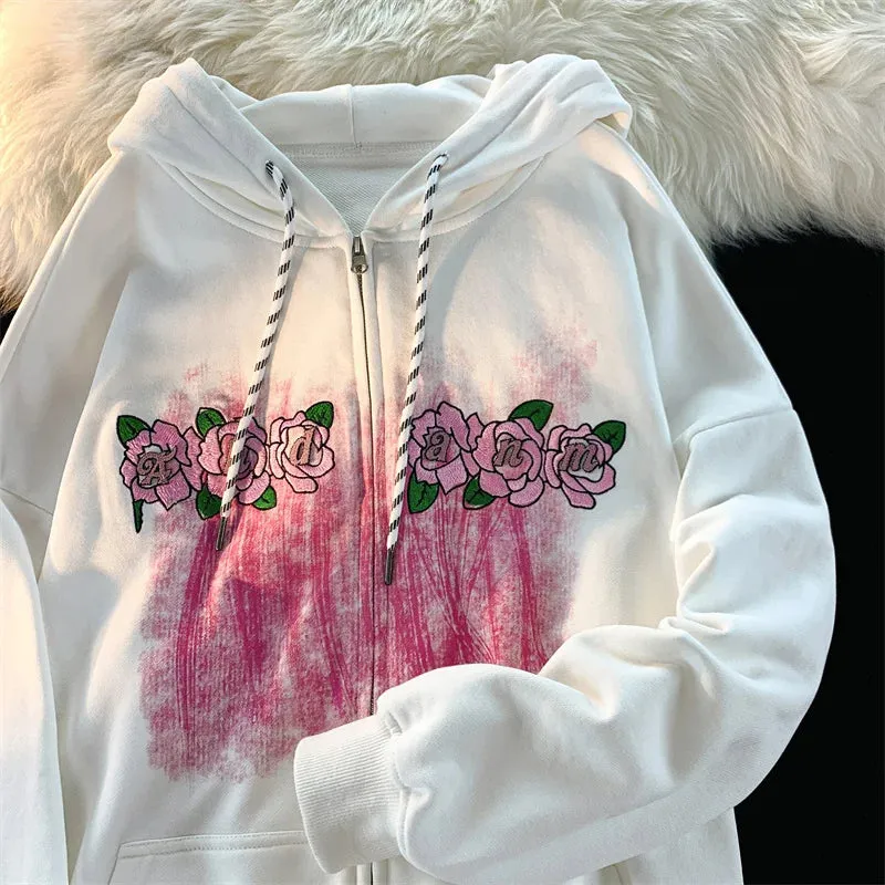 Metaversmall Loose Printed Casual Streetwear Hoodies Spell Color Zip-up Office Lady Fashion Chic Women's Hoodie Winter O-neck Hoodies