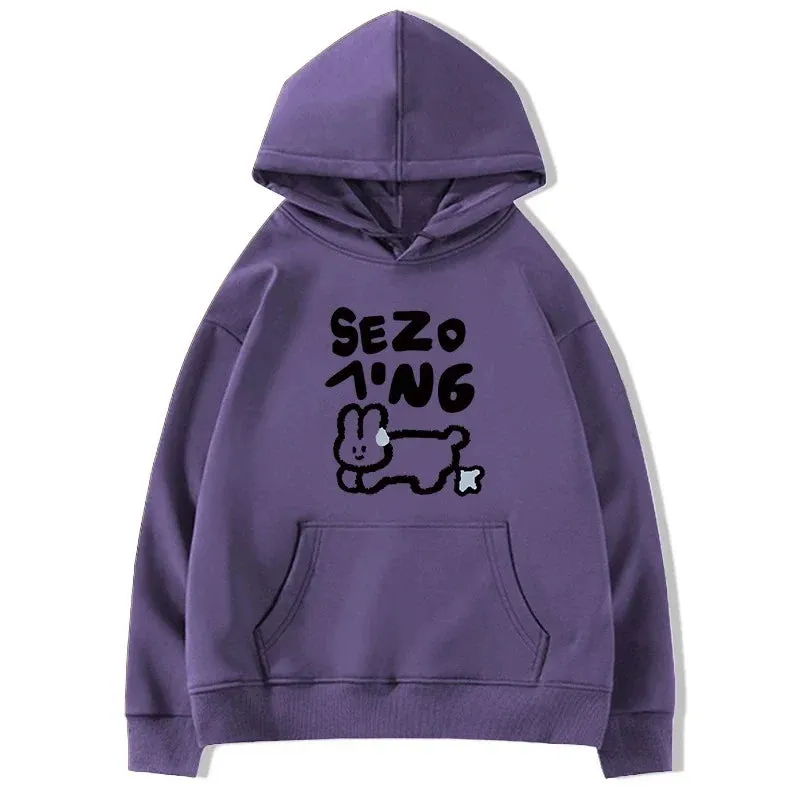 Metaversmall Lovely Hooded Drawstring Chicly Printing Women Hoodies High Street Simple Loose Casual Pure Color Fashion Female Hoodies