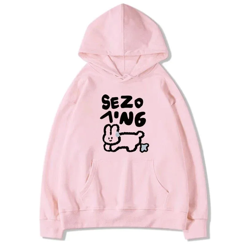 Metaversmall Lovely Hooded Drawstring Chicly Printing Women Hoodies High Street Simple Loose Casual Pure Color Fashion Female Hoodies