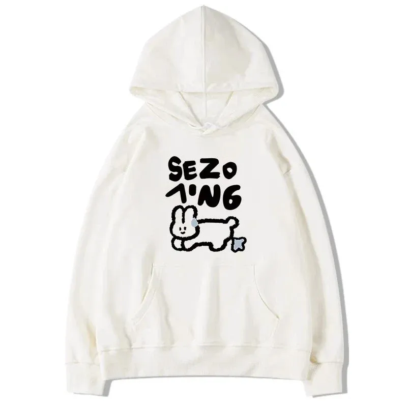 Metaversmall Lovely Hooded Drawstring Chicly Printing Women Hoodies High Street Simple Loose Casual Pure Color Fashion Female Hoodies