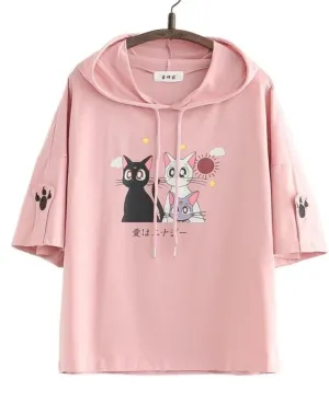 Metaversmall Women Short Sleeve Hooded Sweatshirts Pink Cartoon Cat Embroidery Casual Hoodies Summer High Low Girly Ladies Kawaii Tops