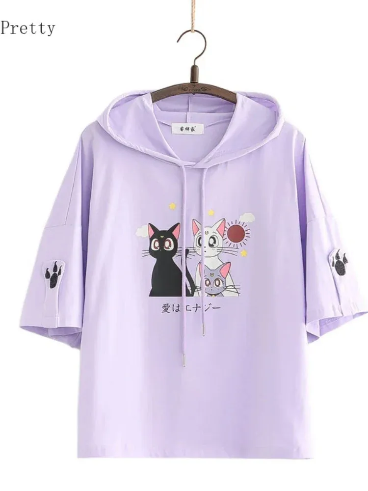 Metaversmall Women Short Sleeve Hooded Sweatshirts Pink Cartoon Cat Embroidery Casual Hoodies Summer High Low Girly Ladies Kawaii Tops