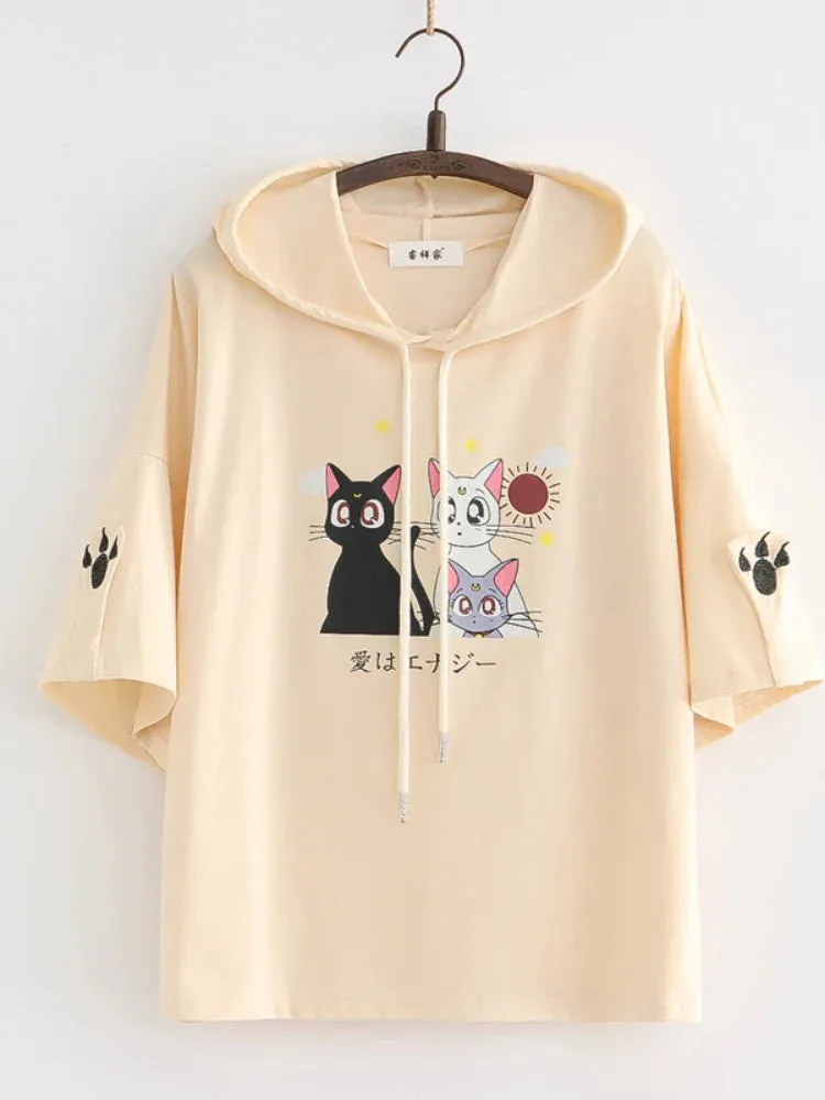 Metaversmall Women Short Sleeve Hooded Sweatshirts Pink Cartoon Cat Embroidery Casual Hoodies Summer High Low Girly Ladies Kawaii Tops