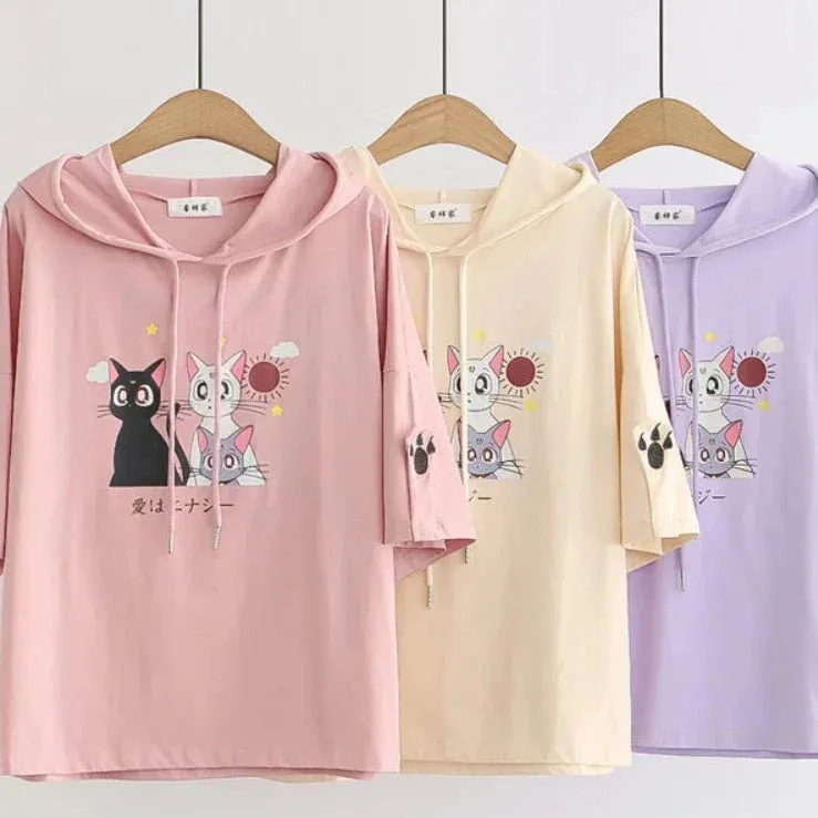 Metaversmall Women Short Sleeve Hooded Sweatshirts Pink Cartoon Cat Embroidery Casual Hoodies Summer High Low Girly Ladies Kawaii Tops