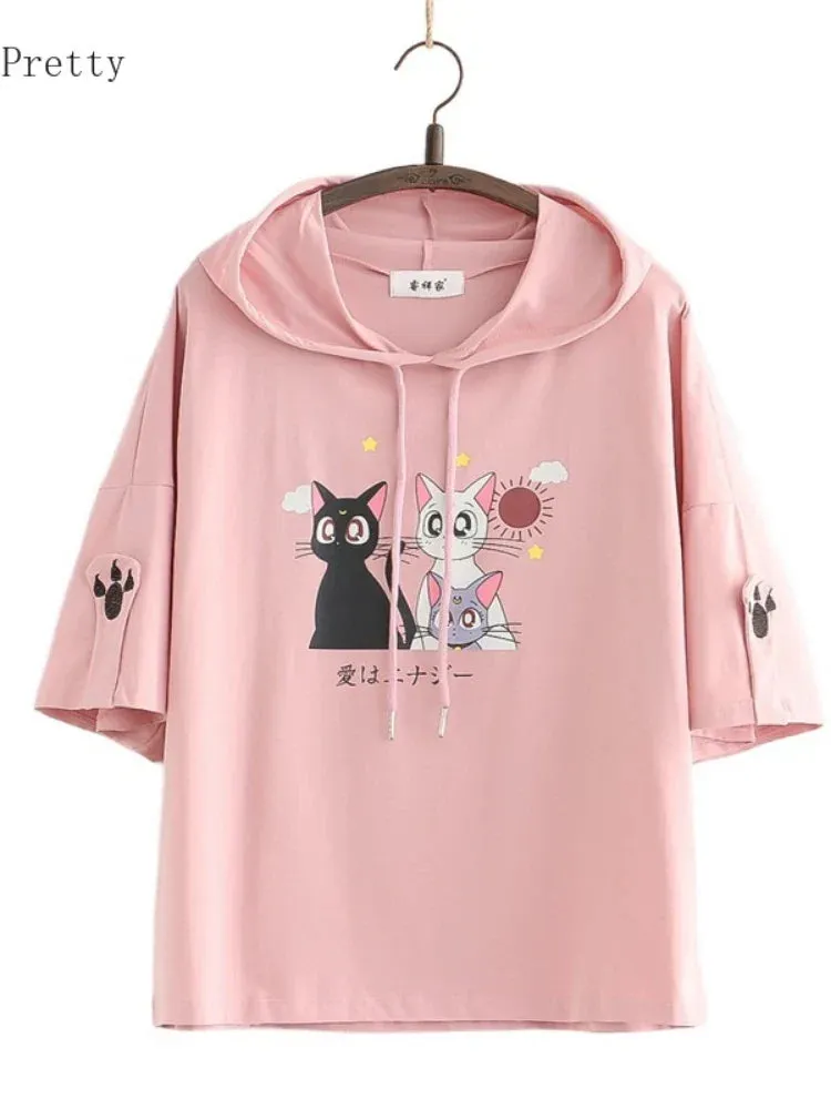 Metaversmall Women Short Sleeve Hooded Sweatshirts Pink Cartoon Cat Embroidery Casual Hoodies Summer High Low Girly Ladies Kawaii Tops