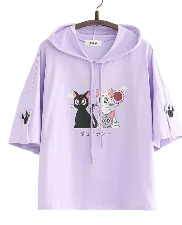 Metaversmall Women Short Sleeve Hooded Sweatshirts Pink Cartoon Cat Embroidery Casual Hoodies Summer High Low Girly Ladies Kawaii Tops