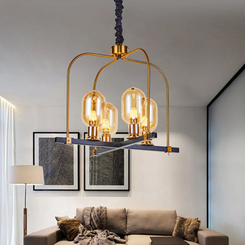 Minimalist Black and Gold Oval Chandelier with Amber Glass and Metal Frame