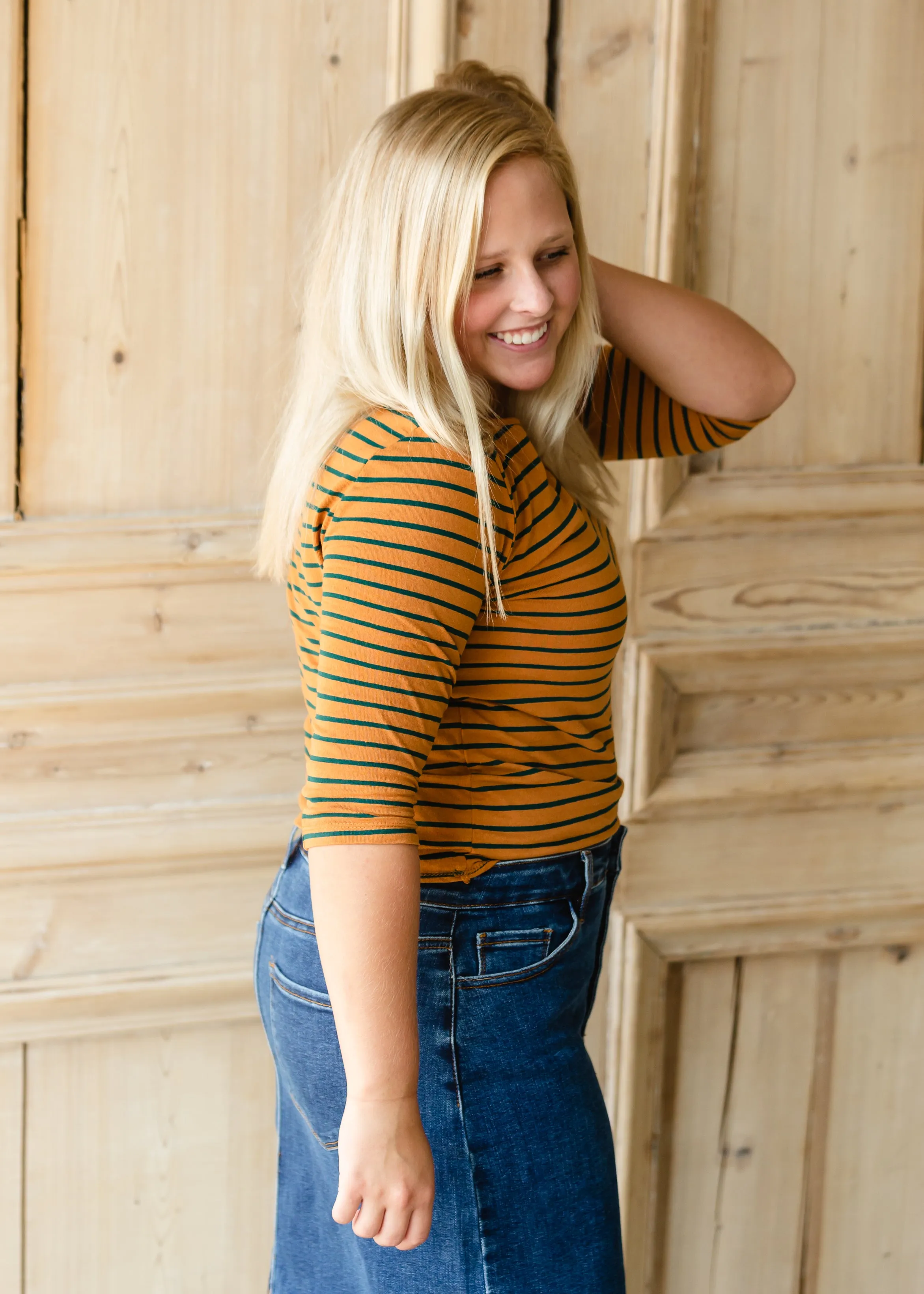 Mustard   Emerald Striped 3/4 Top - FINAL SALE