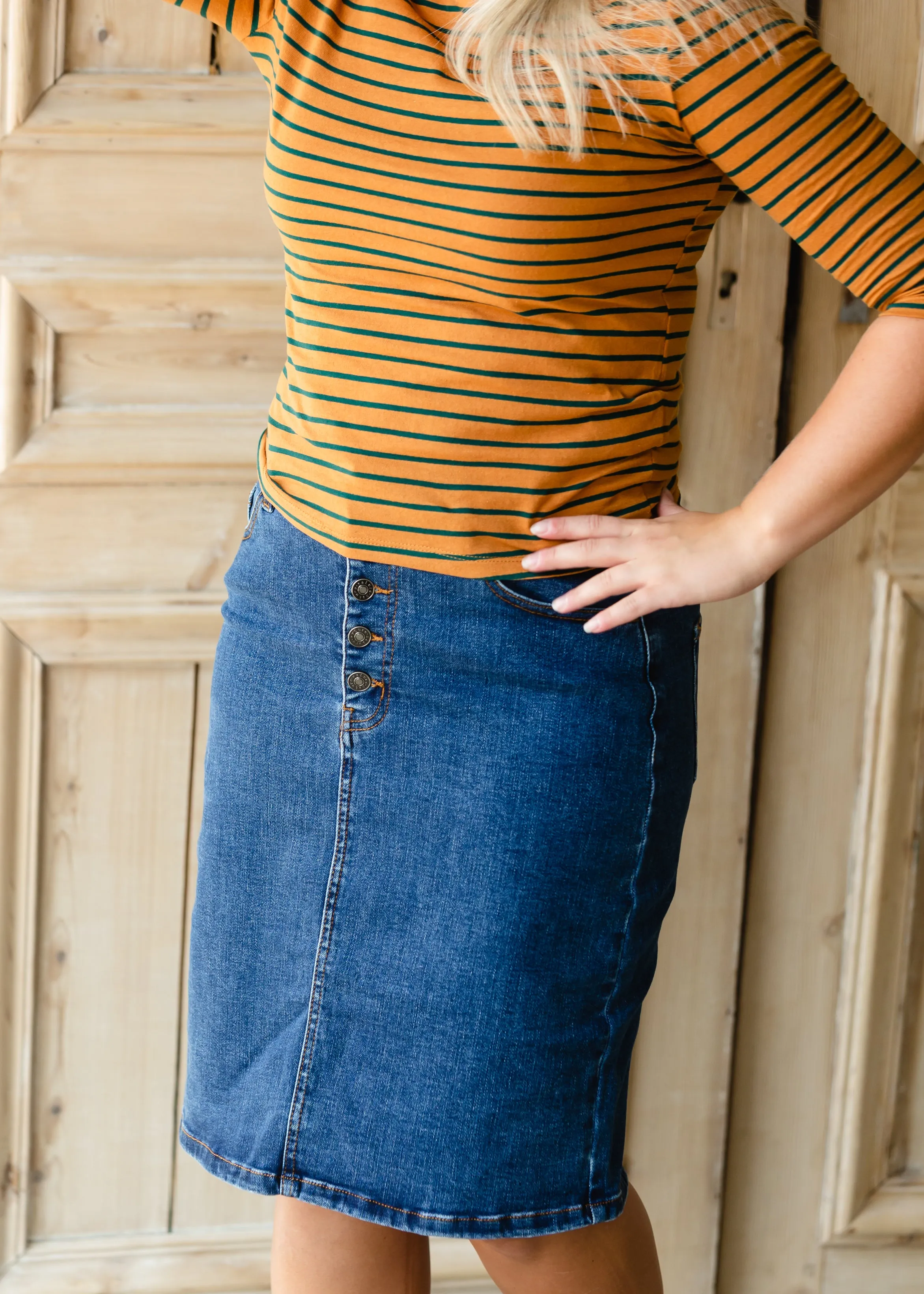 Mustard   Emerald Striped 3/4 Top - FINAL SALE