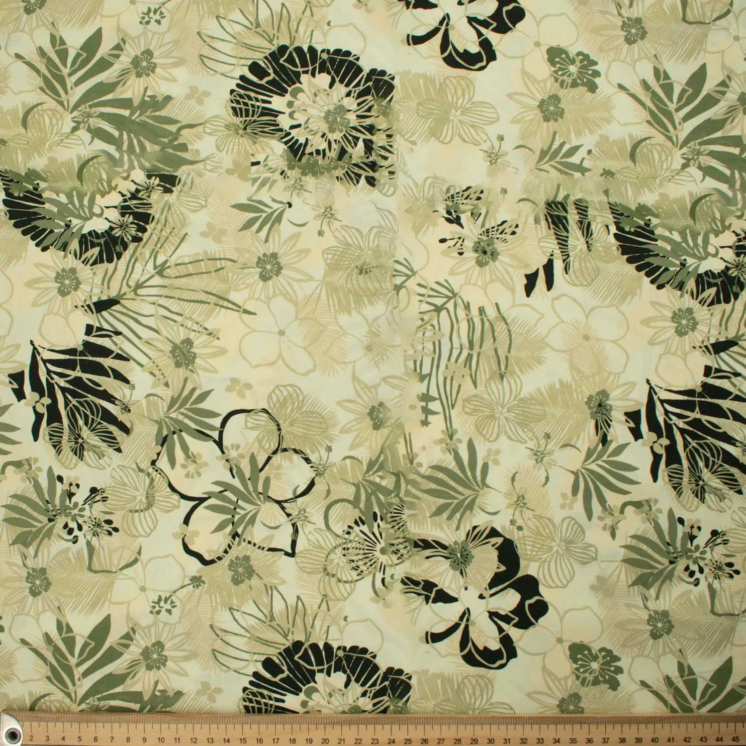 Old World Plants Collection #15 Black Flower & Moss Leaves on Grey Cotton Prints