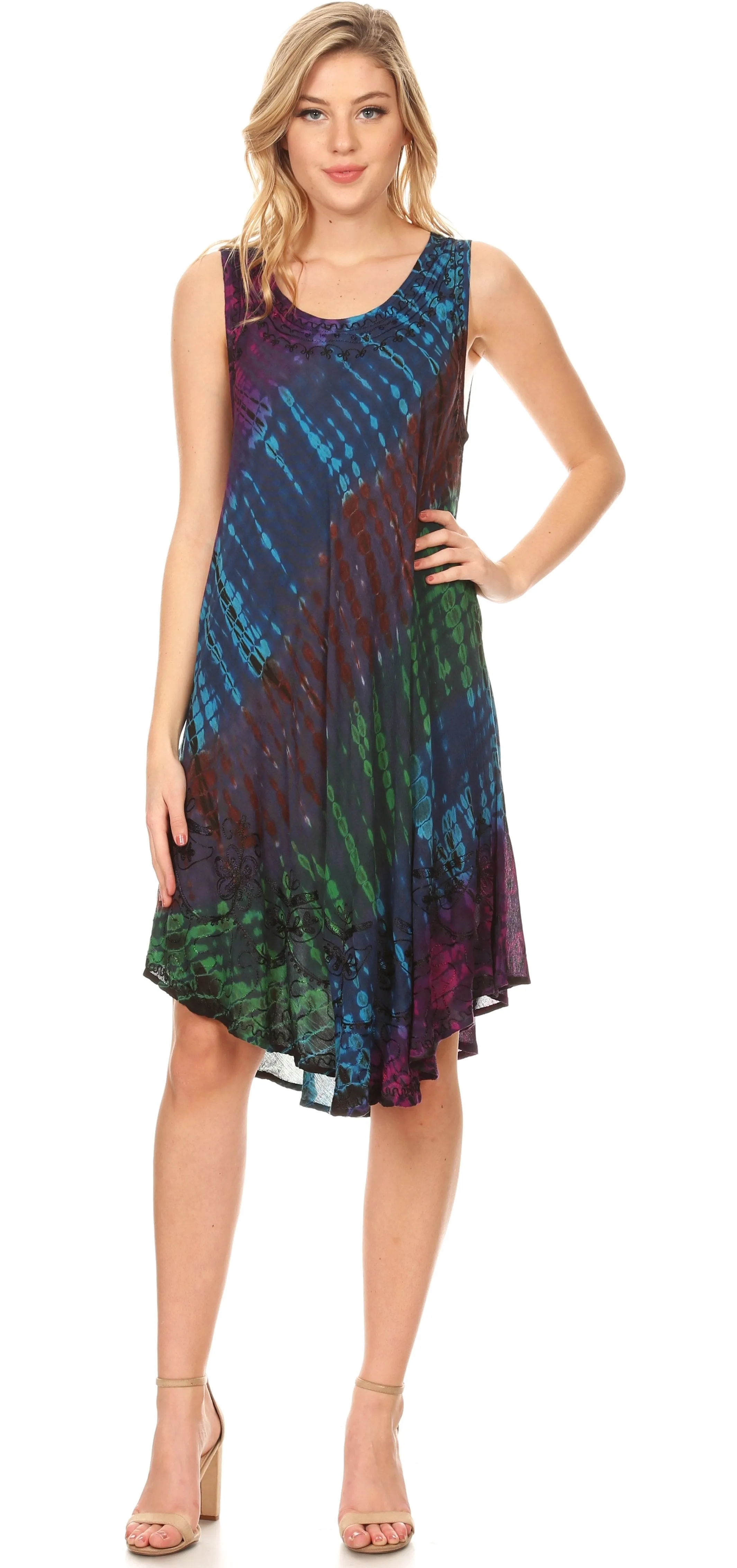 Sakkas Isola Women's Tank Summer Bohemian Swing Midi Dress Sleeveless Tie-dye