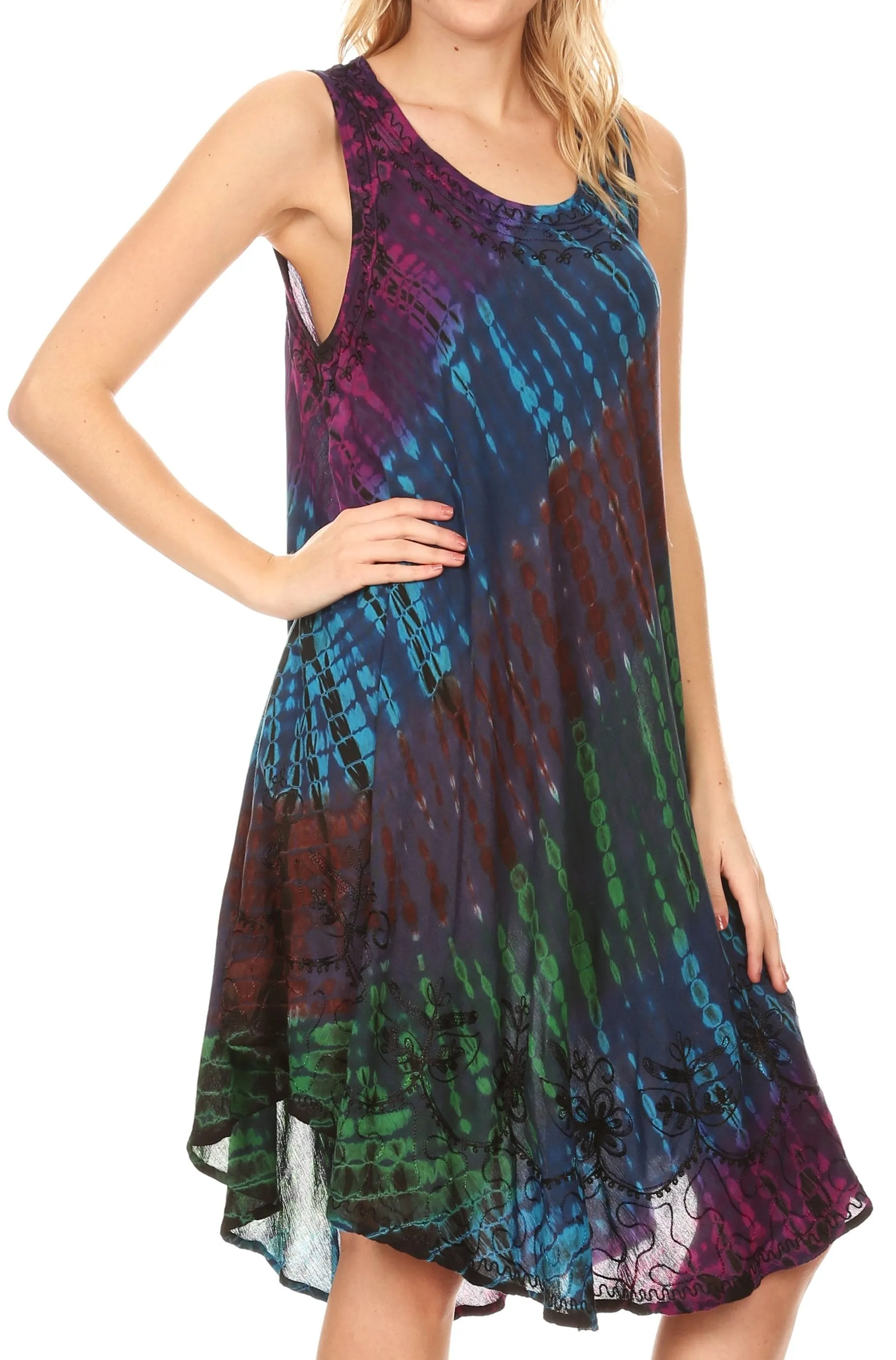 Sakkas Isola Women's Tank Summer Bohemian Swing Midi Dress Sleeveless Tie-dye